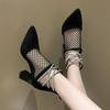 Rhinestones Black Mesh Hollow High Heels Pointed Toe Sandals for Women Casual Sales Chic and Elegant Low Price Korea Woman Shoes