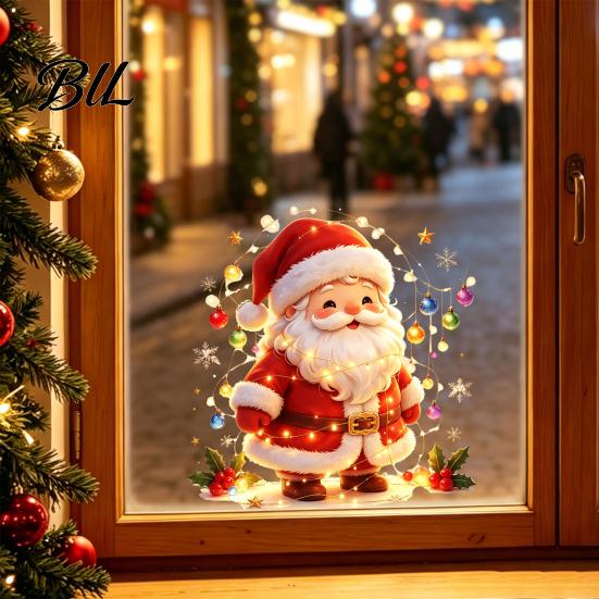 Festive Window Ornaments Santa Snowman Christmas Static Clings, Reusable Stickers, Decorative Holly Patterns Colorful Holiday Home Shop Decorations