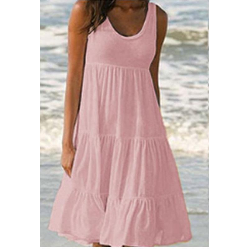 Women's Sleeveless Round Neck Spliced Beach Dress, 7 Colors, 8 Sizes