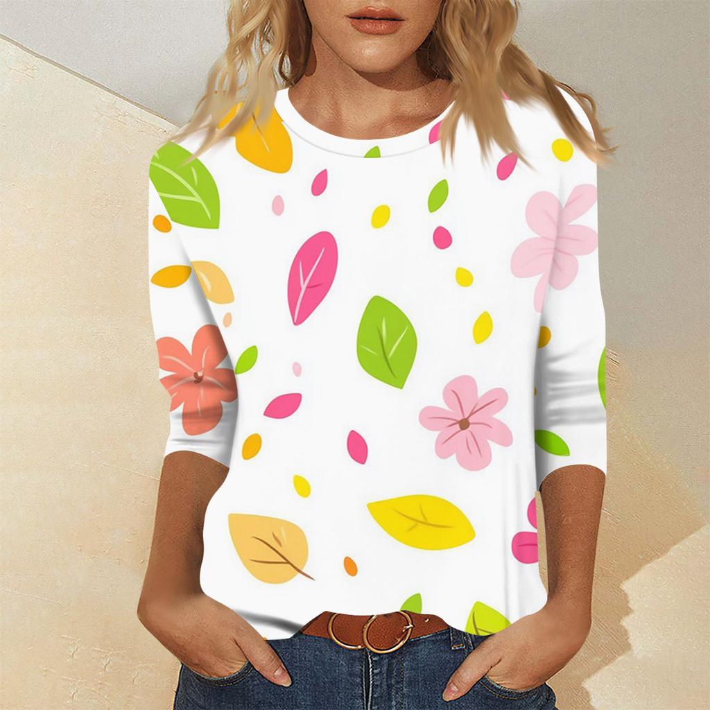Ladies' Fashionable And Casual Seven Quarter Sleeve Floral Print Pullover Top