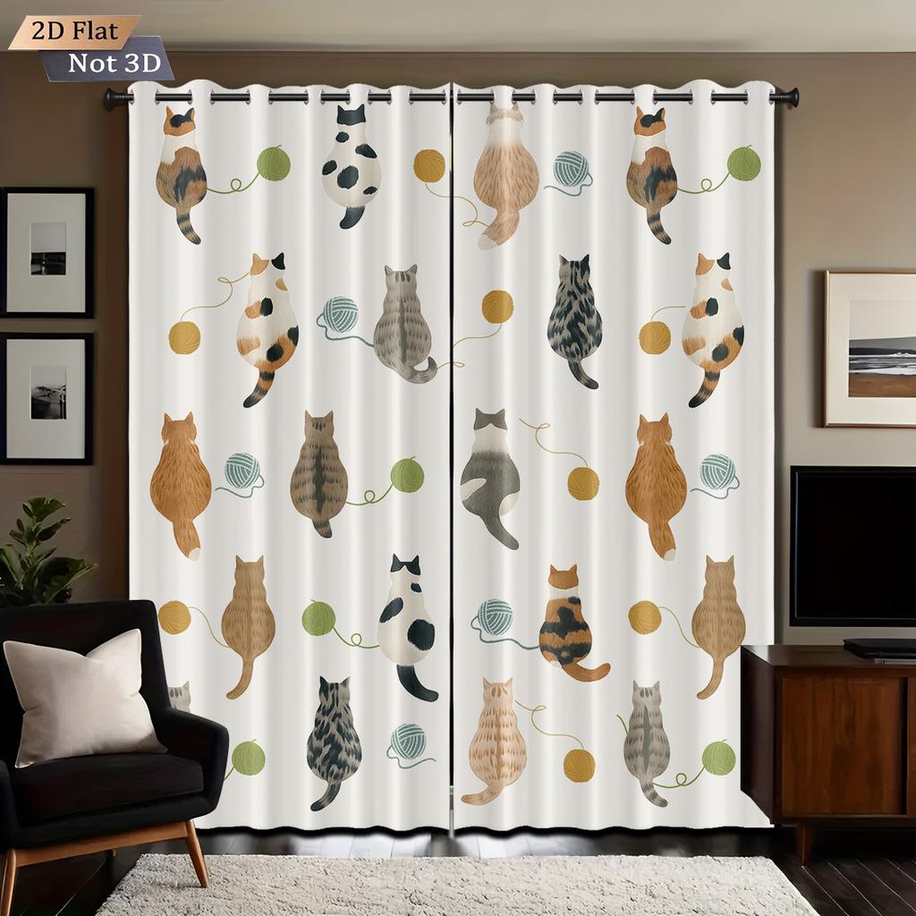 2pcs Cartoon Cute Cat Printed Perforated Blackout Curtains   Multi Size Living Room Insulation Decoration   Easy Installation