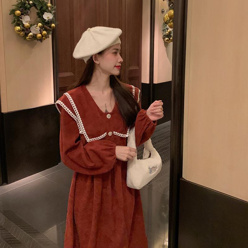 

YYFS Женская мода весна-осень однотонный принт длинный рукав V-образный вырез высокая талия повседневные платья XXXL оранжевый