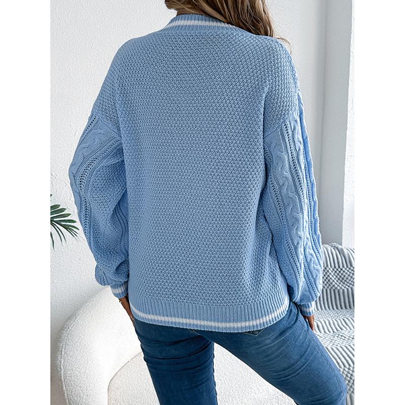 Women's Sweater Fashion Style Casual Autumn Winter New Color Blocking V-Neck Fried Dough Twist Lantern Long Sleeved Sweater