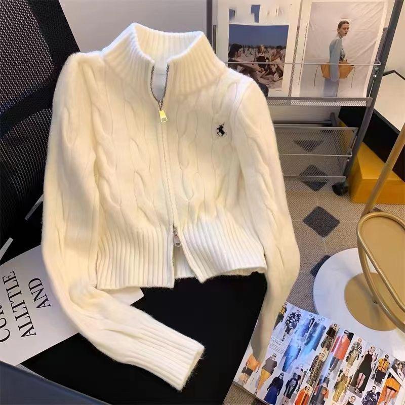 Vintage Korean Style Stand Collar Sweater Jacket Autumn/Winter Age-Reducing Zipper Embroidery Knitted Cardigan University Top