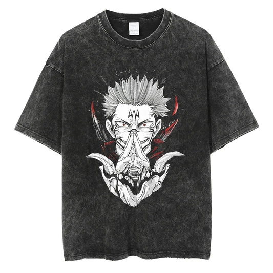 Parentchild Fashion Anime Comfortable Tshirt Jujutsu Kaisen Washed Tee Vintage Oversized Anime Graphic Men Casual Tops