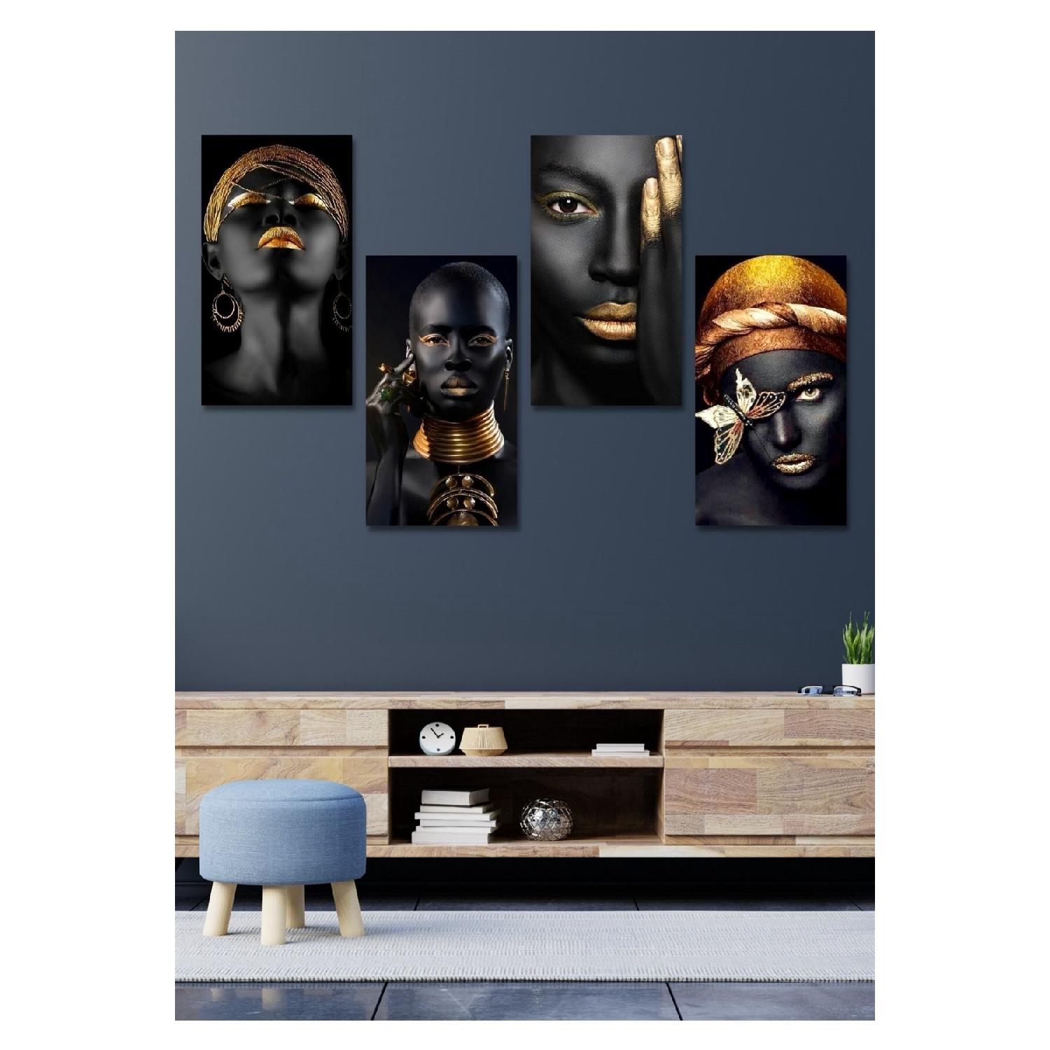 

4 Pieces 15x30cm Wooden Wall Decor Black Women Painting Set For Living Room Living Bedroom Kitchen