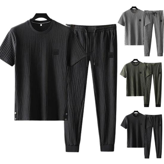 Summer Men Pleated Shirt Pants Two-pieces Set Thin Soft Breathable Tracksuit Casual Sports