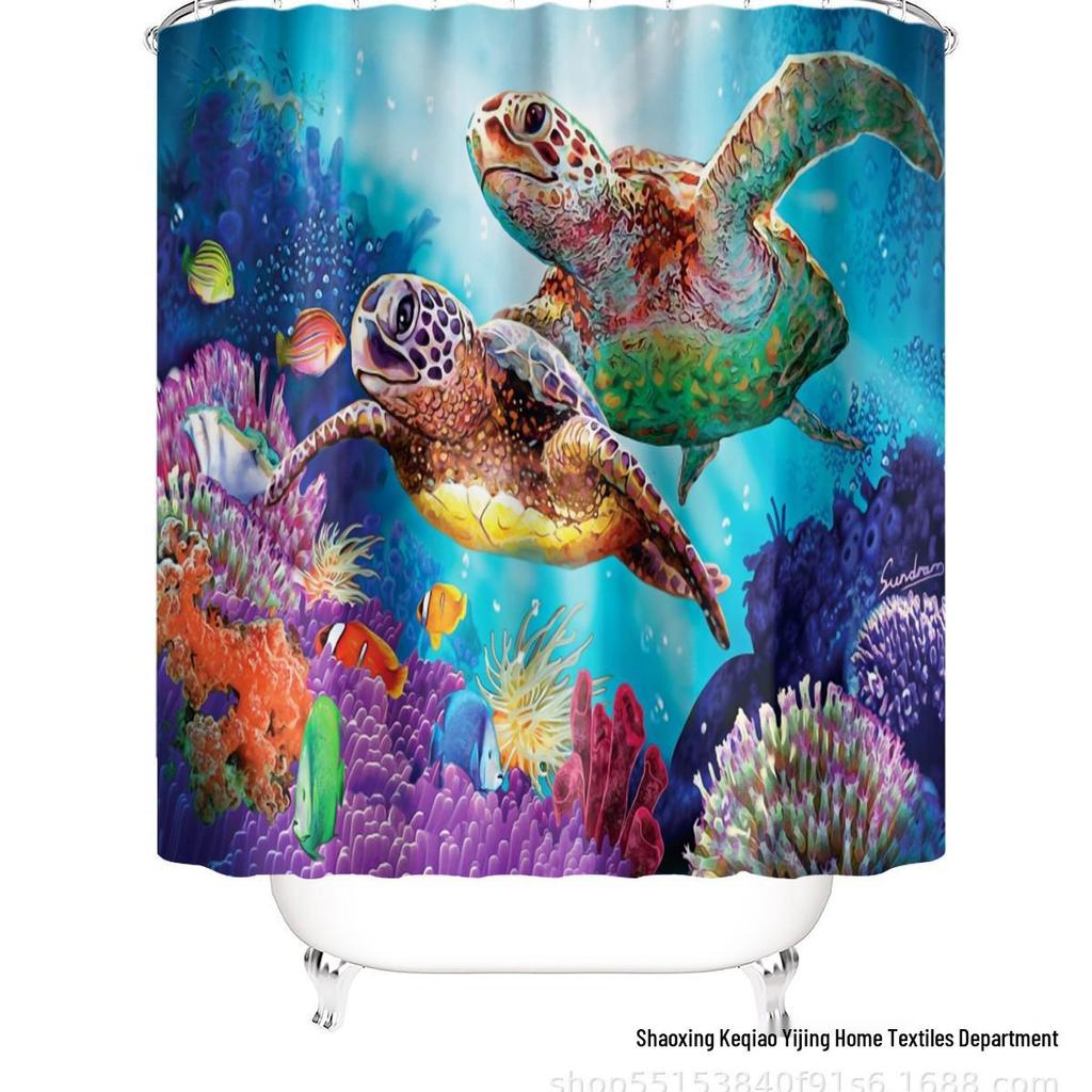 Coastal Marine Shower Curtain: Dolphin, Starfish, Seahorse, Seashell, Sea Turtle - Moisture-Proof, Mildew-Resistant, Waterproof, Beach Bathroom Décor