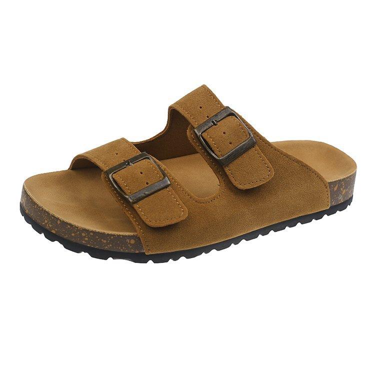 British retro one-word button slippers women's summer wear 2025 new Korean version one-word drag flats beach shoes sandals