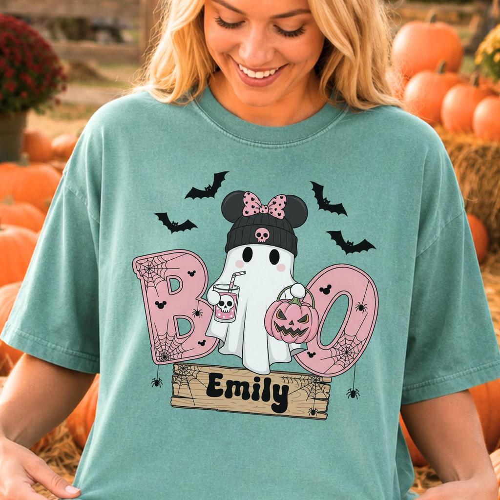 Comfort Colors® Personalized Name Halloween Shirt, Cute Ghost with Pumpkin Design, Kawaii Fall Season Apparel, Fun Autumn Gift Idea