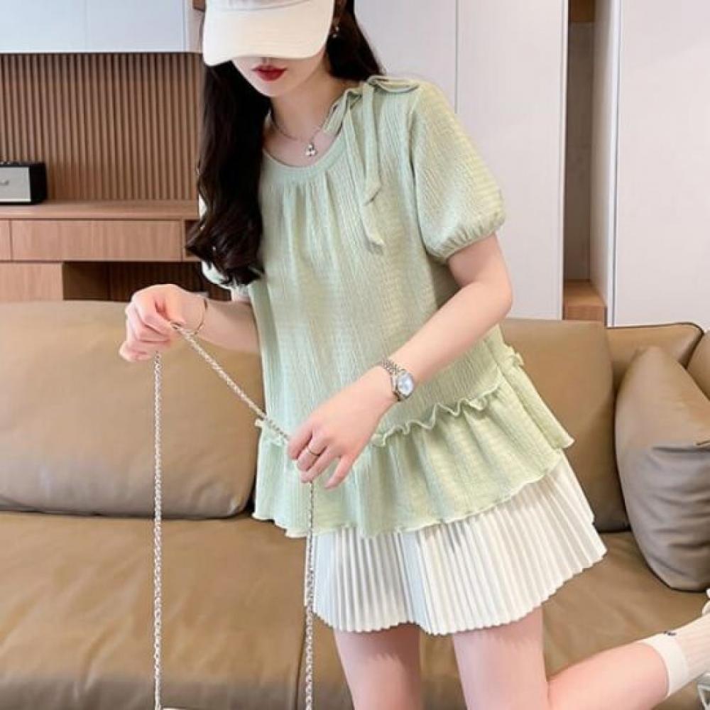 Navava Women Frill Ribbon Round Neck Puff ShorT Sleeve T shirT nT2795