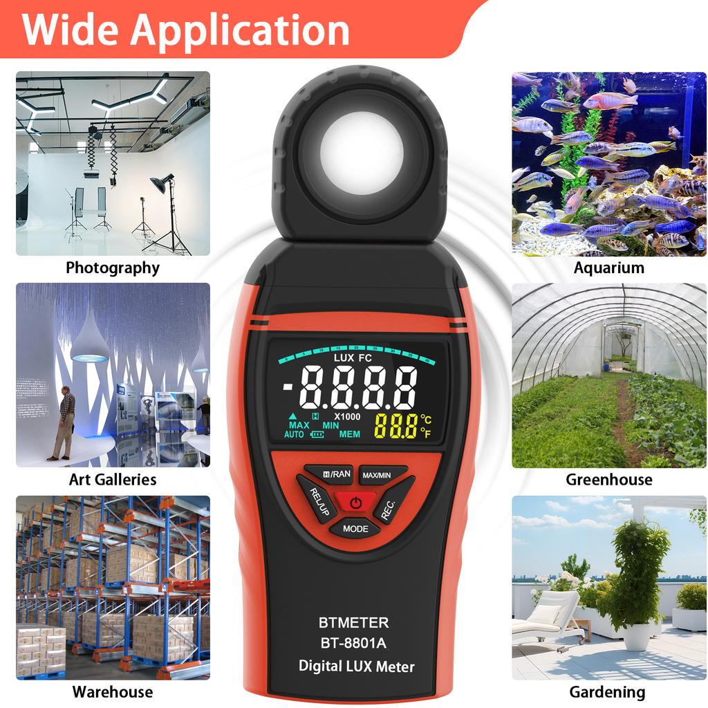 Portable Light Intensity Tester, Measurement Range 1-400,000 Lux, BT-8801A Digital Luxmeter, Environmental Light Photometer