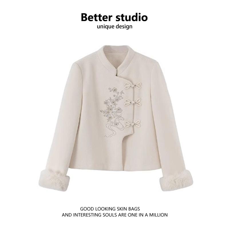 Trendy Embroidered Frog Button Woolen Coat - Women s Spring/Autumn Chinese Style M