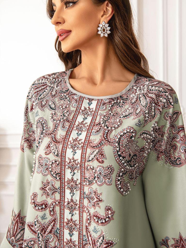 High-Density Beaded Print Muslim Abaya Dress