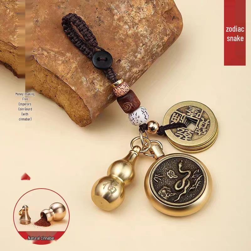 Reiner Messing Pixiu Kürbis Tierkreisanhänger mit Zinnobermünzen Schlüsselanhänger