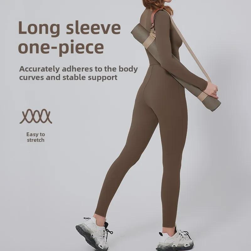 Dámský nahý overal na jógu s dlouhým rukávem a zipem pro běh a fitness