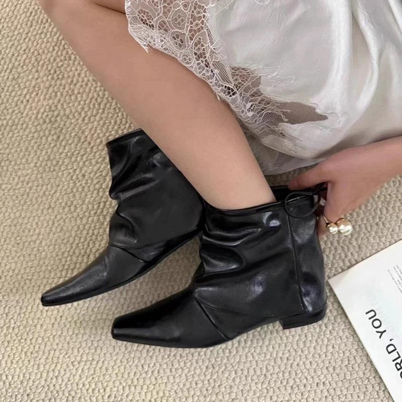 Edition~ Korean Niche Pleated Square Head Bow Fashion Trouser Tube Boots Short Boots Women'S Thick Heel Wide Tube Women'S Boots