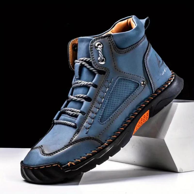 New Large-size Men s PU Leather Boots Men s Fashionable Hand-stitched Ankle Boots Flat-soled Lace-up Casual 39 4980₽