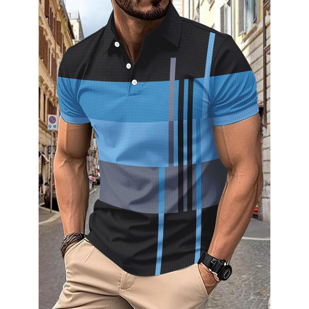 Summer Men's Casual Striped Printed Short Sleeved Polo Shirt