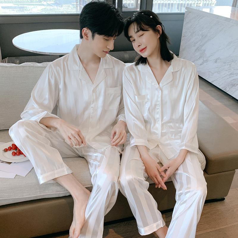 Wide White Couple Pajamas Women's Ice Silk Long-sleeved Men's Casual Plus Fat Summer Thin Loungewear Set