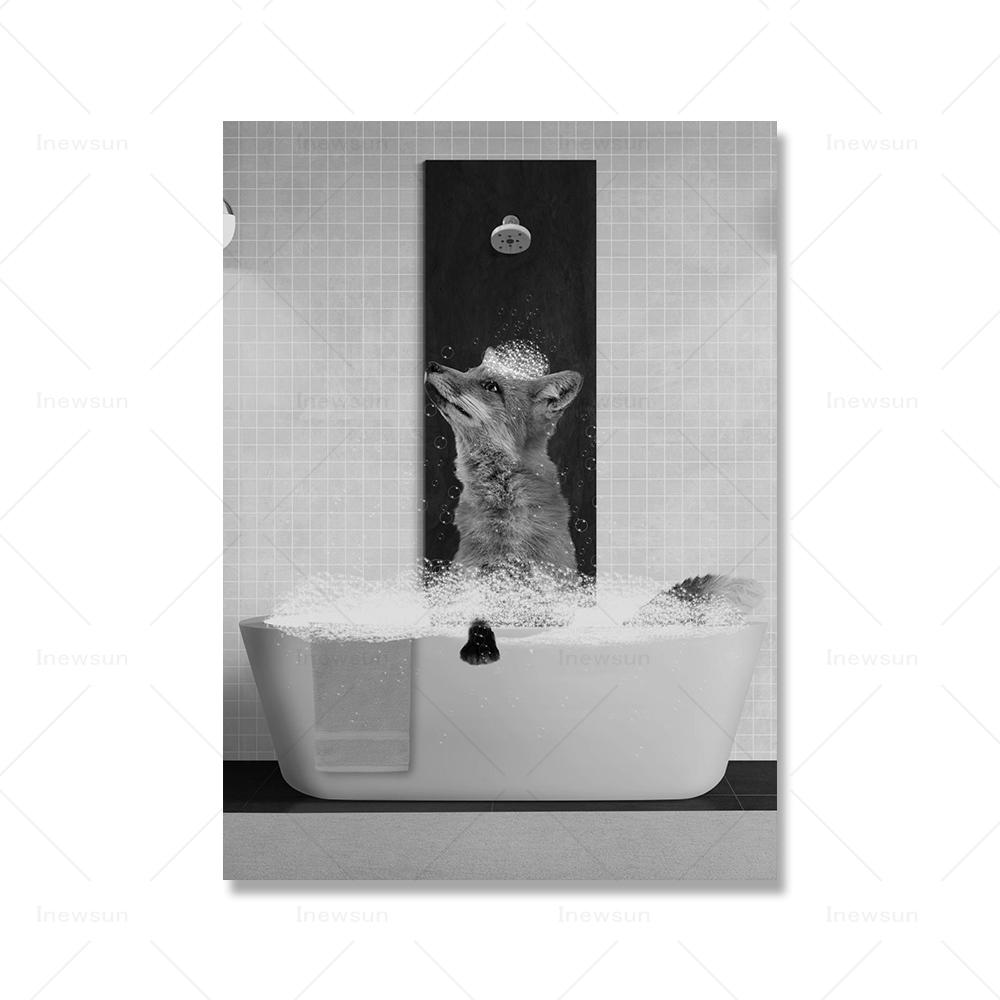 Poster im rustikalen Bad-Stil, Vintage, Fuchs in der Badewanne, Toilette, Tier-Badezimmer-Wandkunst, Bilder, schwarz-weiß, lustiges Leinwandbild, Dekor