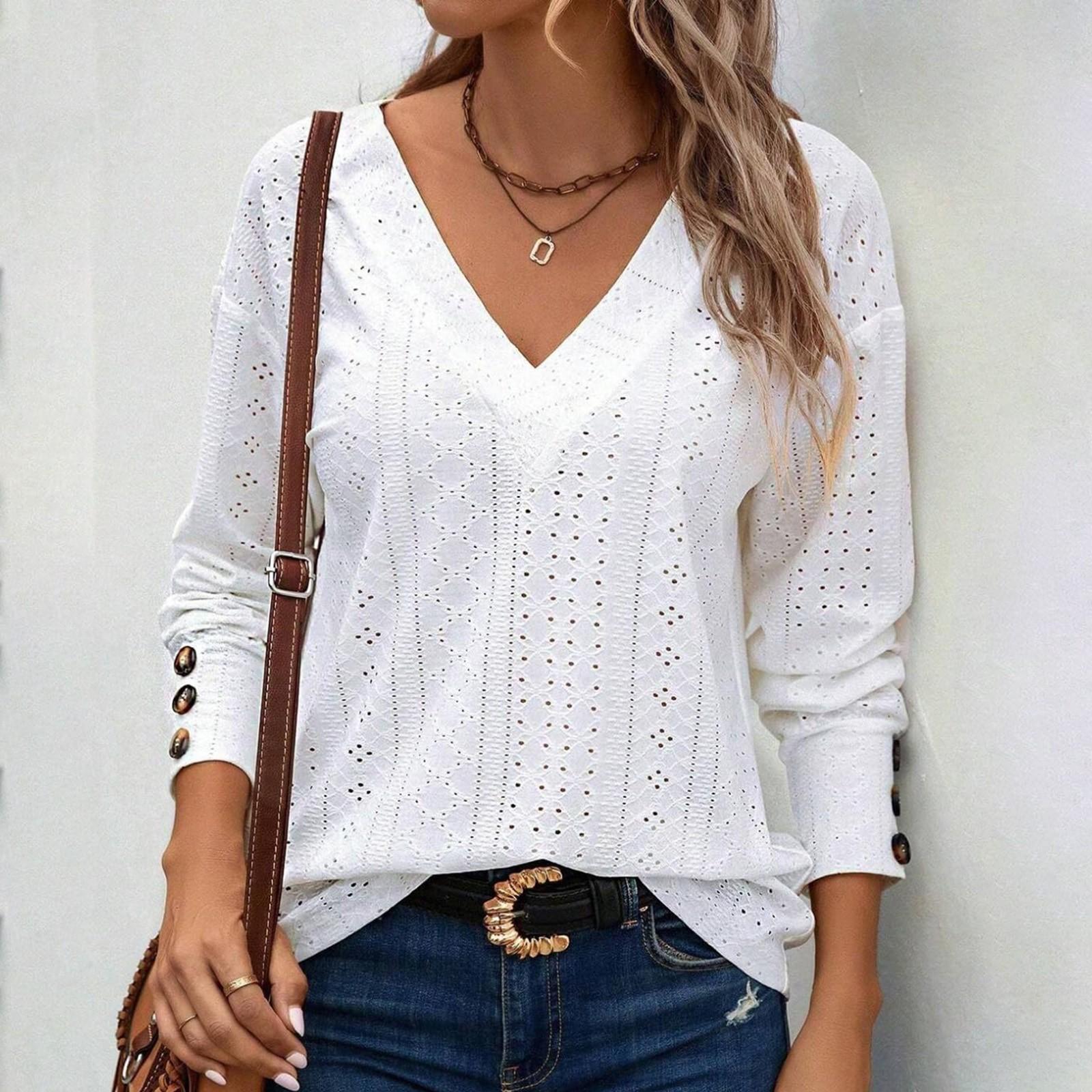 

Женские топы, повседневные рубашки с V-образным вырезом, длинными рукавами и пуговицами XL белый