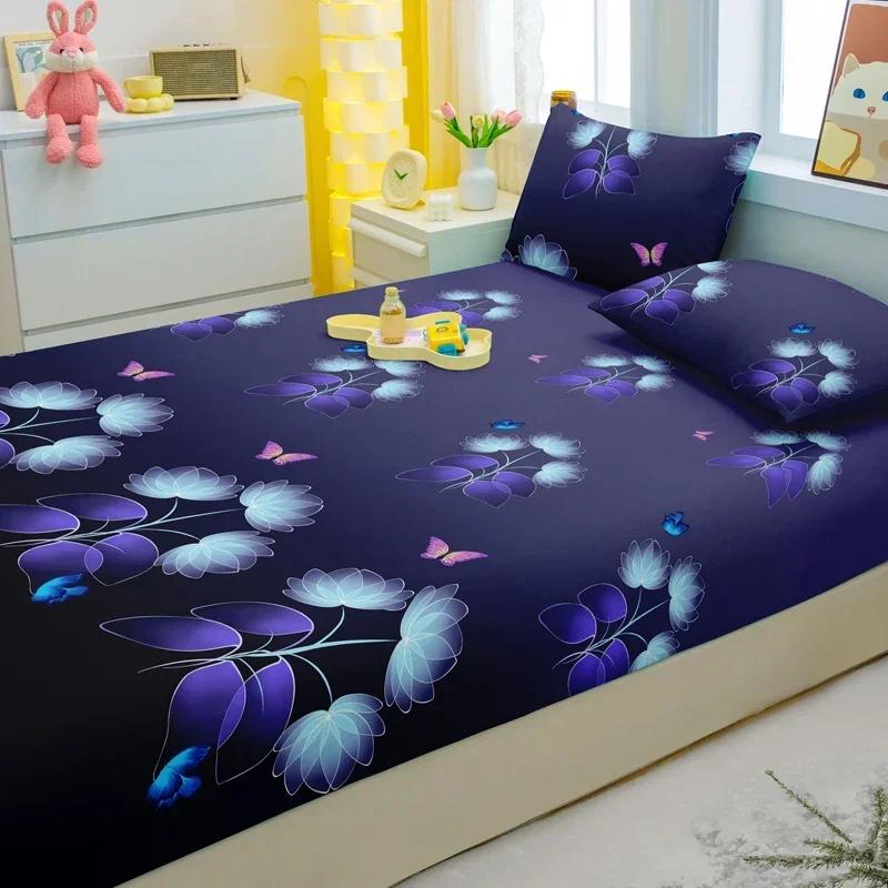 Simple 1 Modern Plant Flower Printed Matte Fitted Sheet, Bedroom Printed Bed Cover, Bedding Excluding Pillowcases