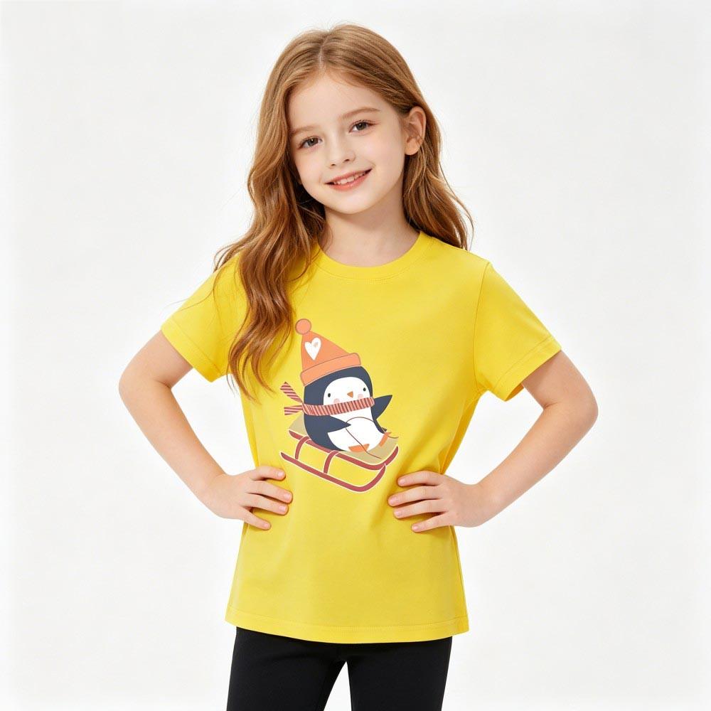 100% Cotton Girls' T-shirt Cute Cat and Penguin 2D Print Short-sleeved Casual Top for Children, Suitable for Both Boys and Girls