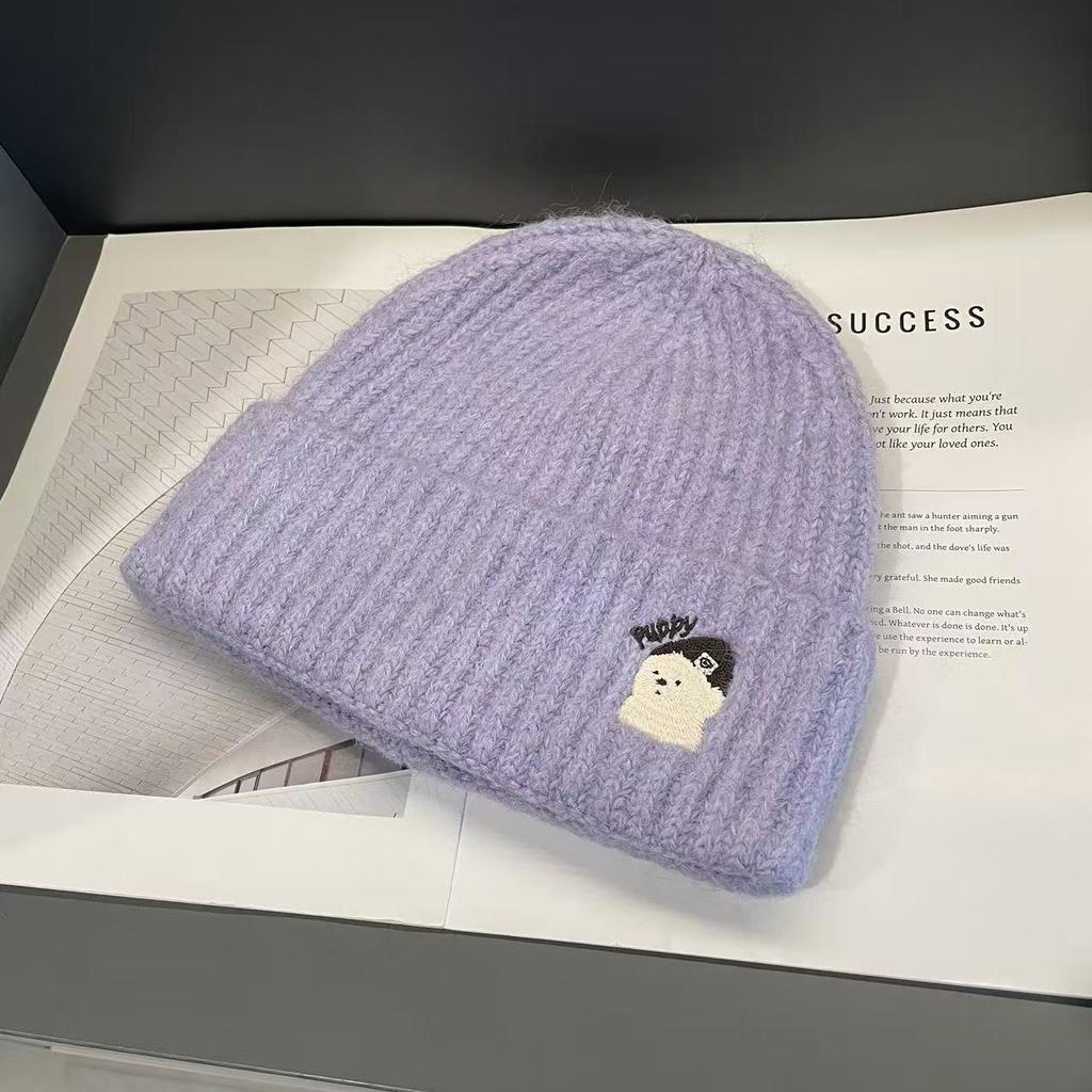 A New Solid Color Cartoon Embroidered Woolen Cap for Women In Autumn and Winter From South Korea A Small Knitted Cap That Accentuates The Face