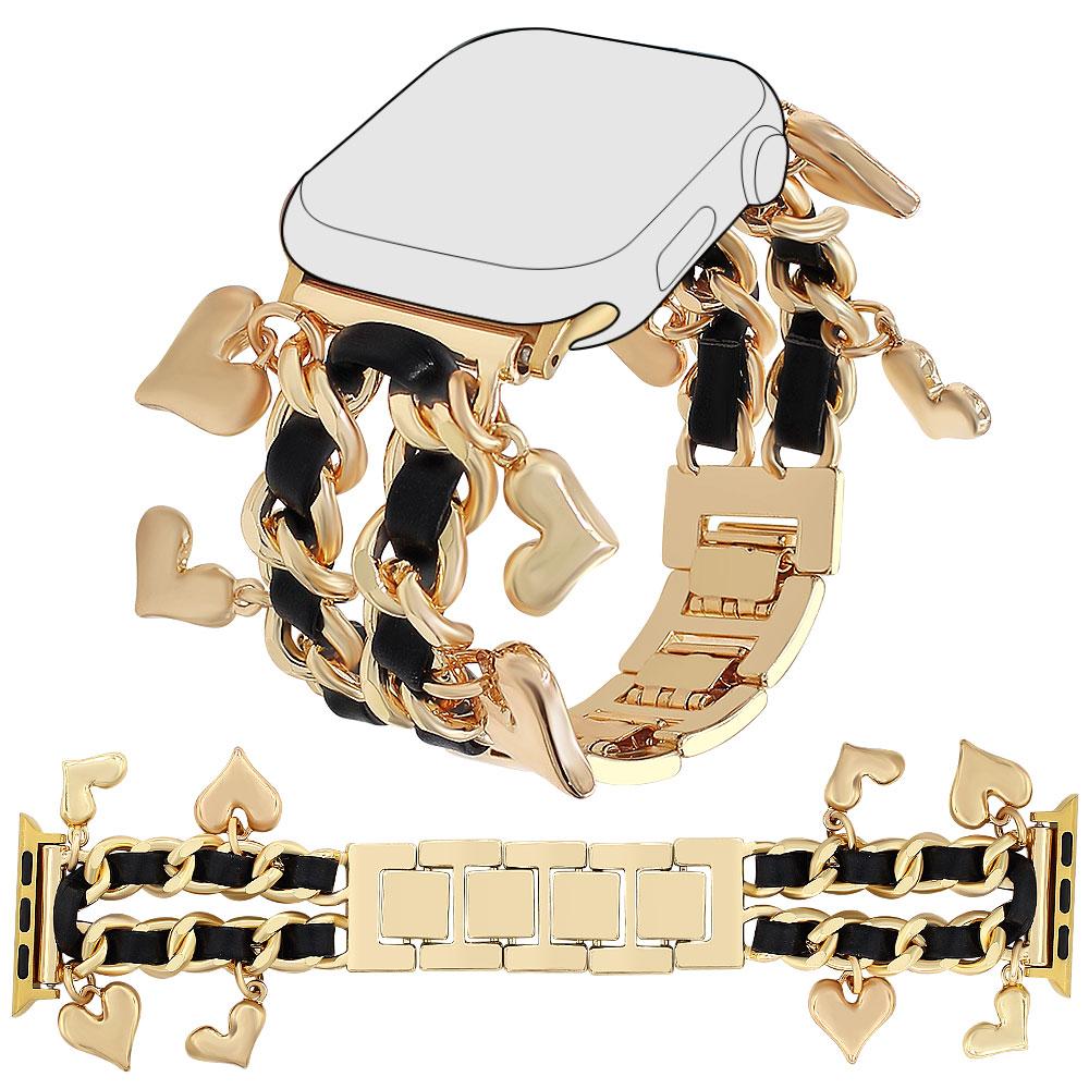 

Watch Strap for Apple Watch Series 10 9 8 7 SE 6 5 4 3 2 1 42mm 41mm 40mm 38mm Alloy+Leather Band with Heart Pendant Gold+Black