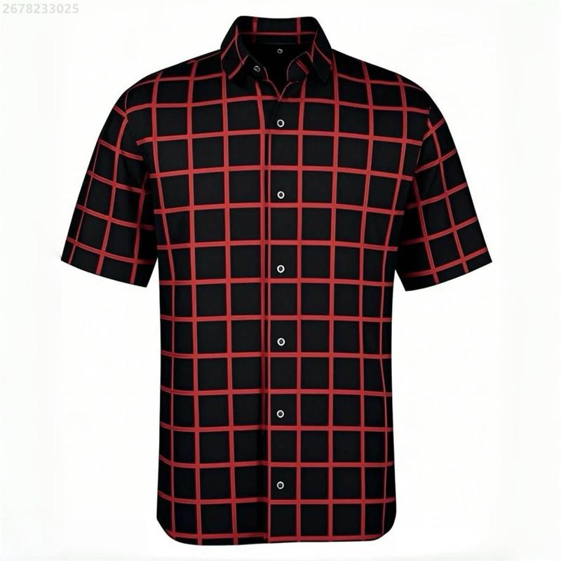 Men's shirt short-sleeved shirt Hawaiian style red and blue plaid lapel casual breathable non-iron vacation street wear XS-6XL