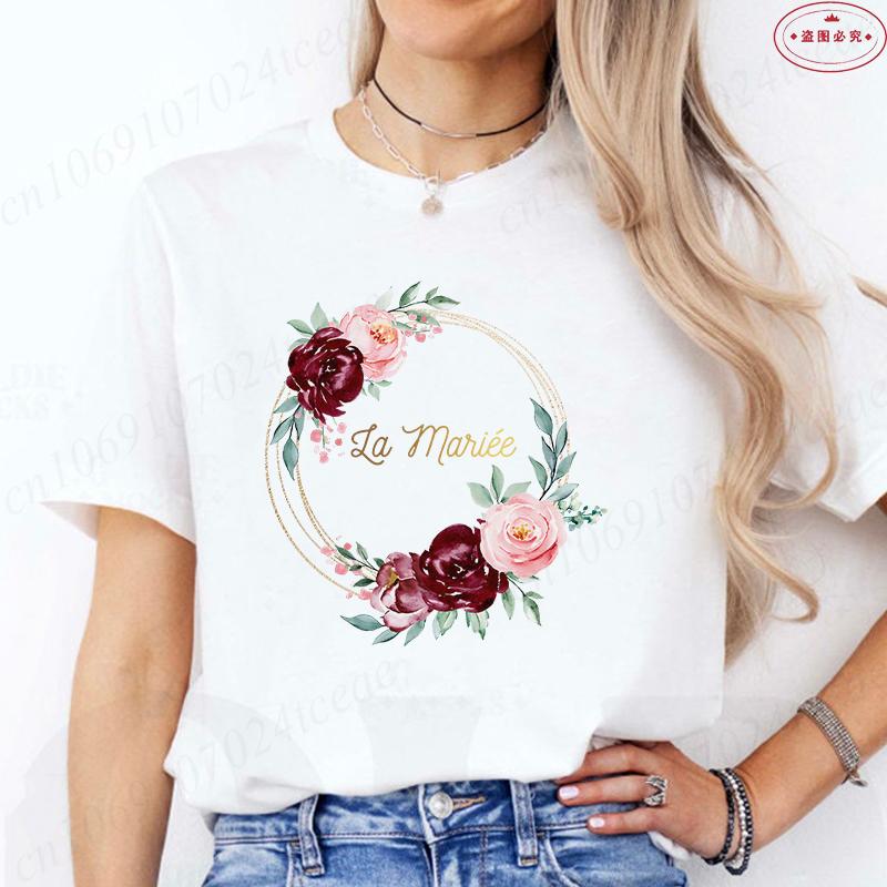 Französische Mädchen Hochzeit Team Braut T-Shirt Junggesellinnenabschied Tops für Frauen Kleidung Kurzärmelig Brautkranz Evjf T-Shirts