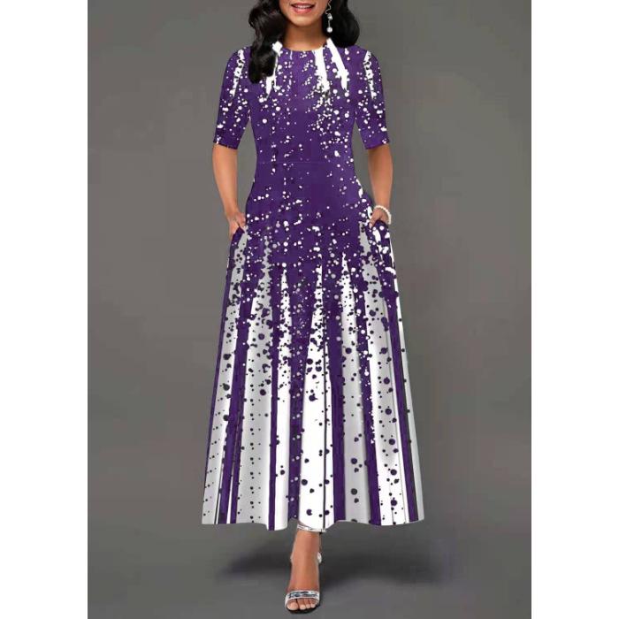 European & American Women s Gradient Print Mid-Sleeve Long Dress - Black/Purple 3XL фиолетовый