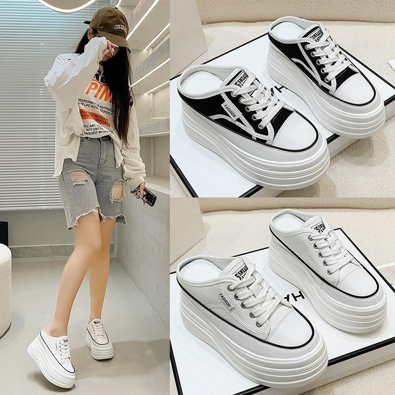 Denim Platform Wedge Ladies Slippers Lace Up Chunky Sneaker Casual Comfy Breathable Autumn Bao Toe Shoes Zapatillas De Mujer