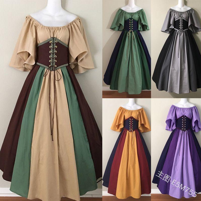 Damen schulterfrei kurzärmliges Maxikleid lockere Passform mittlere Taille Farbblock Renaissance Mittelalter Cosplay Gewand