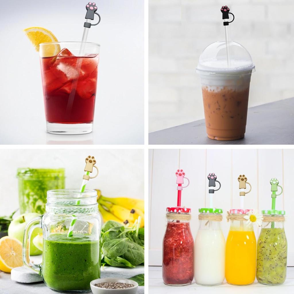 6 PCS Cat Straw Cover Protector Reble Drinking Accessories Silicone Cat Paws Straw Topper Compatible with 10 mm Straws