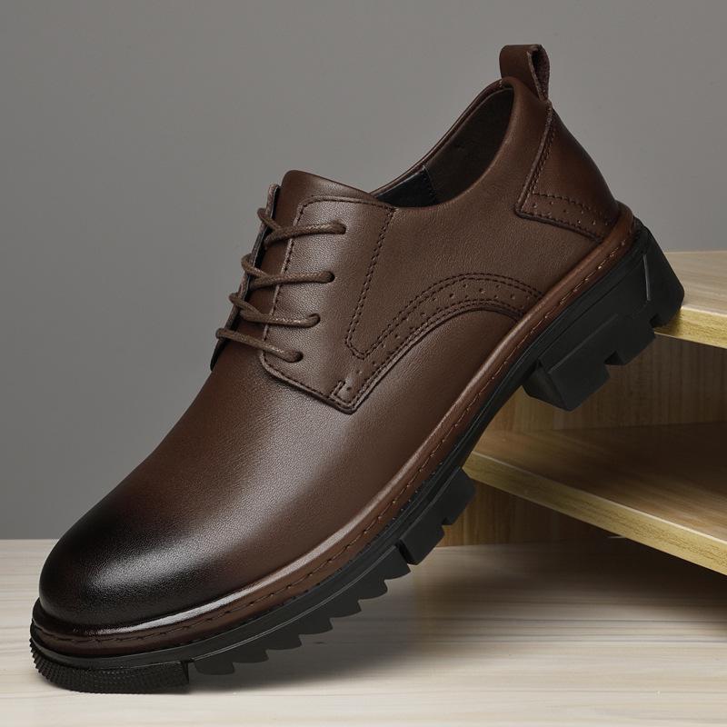 Men's British Style Round Toe Oxford Leather Shoes - Comfortable, Lace-up, Versatile, Thick Sole, Genuine Cowhide.