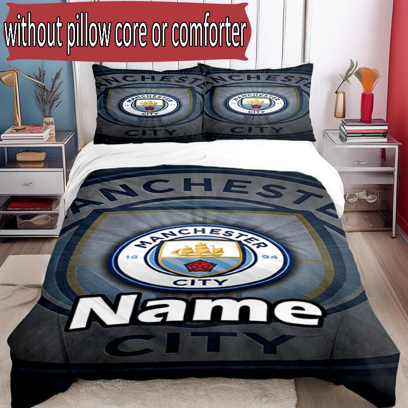 3pcs Duvet Cover Set (1*Duvet Cover + 2*Pillowcase, Without Core), Custom Name Manchester City FC Pattern Bedding Set, Home Bedroom Decor Gift
