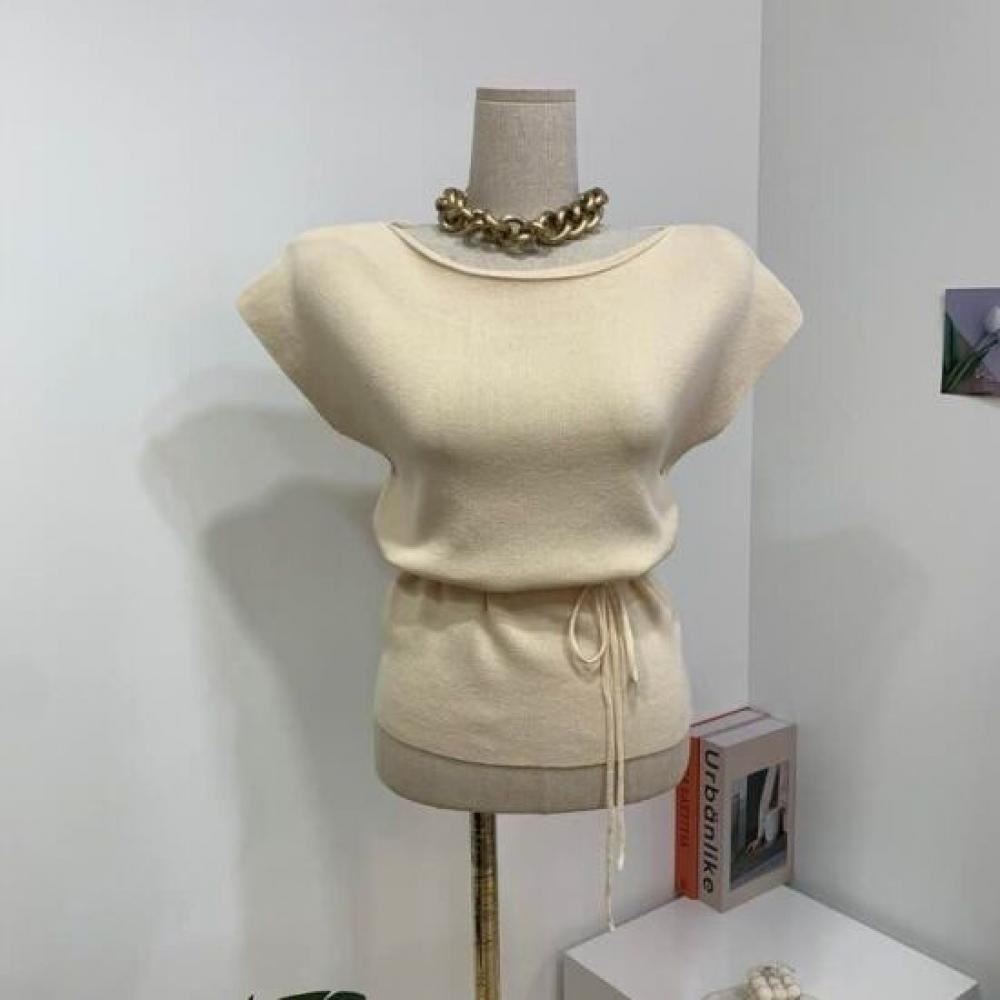 C S In The Room biShu Boat neCk Cap Sleeve Knit waiSt Tie Set 4Color