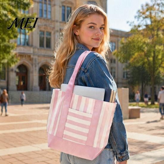 Tote Bag Striped Canvas Bag, Stylish Reusable Grocery with Reinforced Shoulder Strap Front Pocket, for Shopping Picnic Commuting Durable