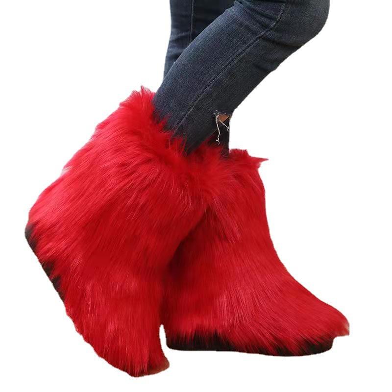 Wind European and American new color plush medium tube snow boots large size fluffy boots