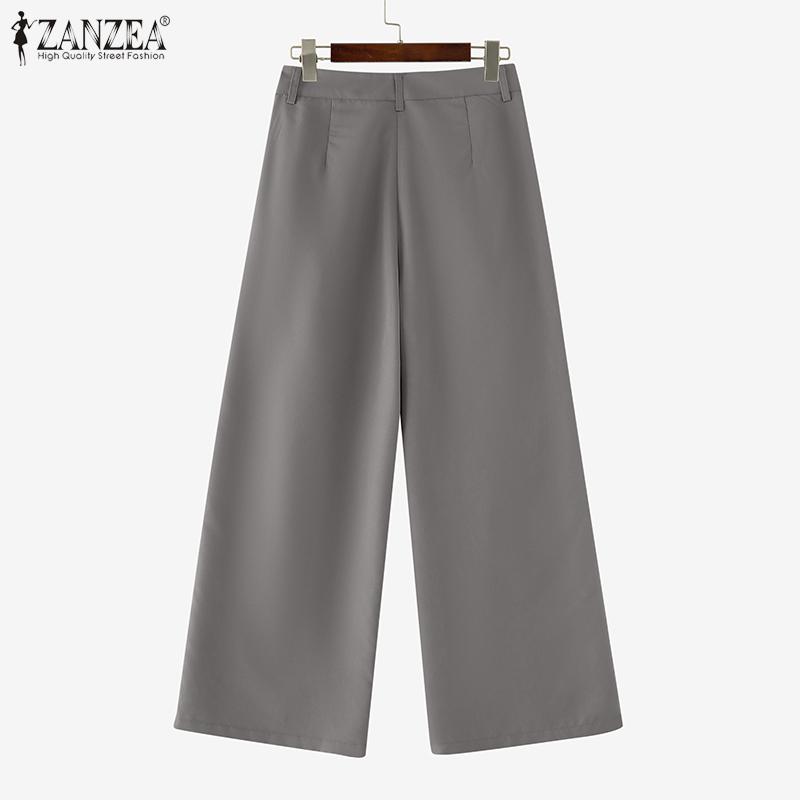 ZANZEA Women Summer Elastic Waist Solid Color Pleated Wide Leg Pants
