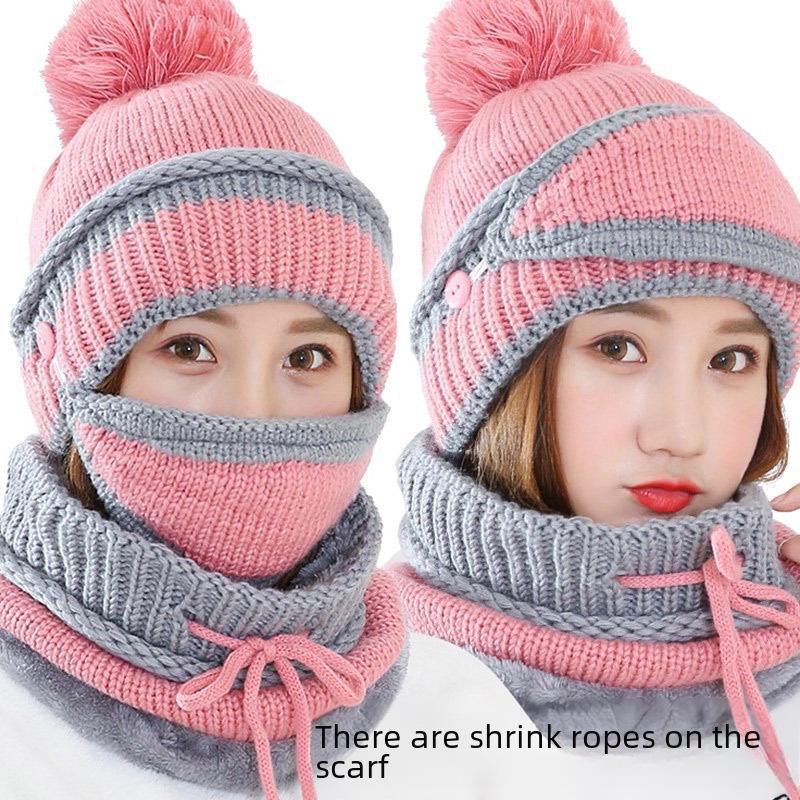 Korean Style Women's Knit Earmuff Hat and Scarf Set - Plush, Thick, and Trendy for Outdoor Warmth.