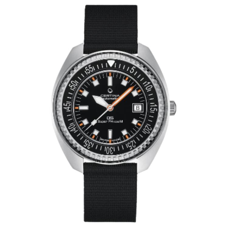 Certina Automatic Mechanical Movement 1000 Meters Waterproof Unisex Swiss Watch 43.5mm Black Dial Stainless Steel Case Fabric Strap C024.907.18.051.00