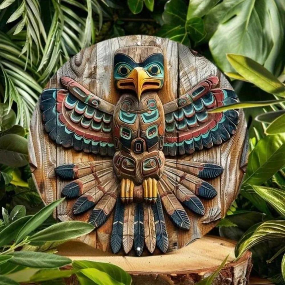 Vibrant Native American Totem Pole Metal Wall Art Round Sign Waterproof HD Aluminum
