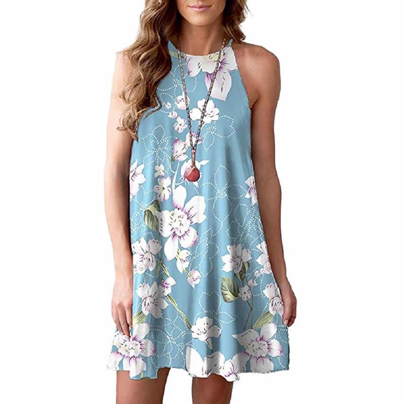 

Women Fashion Elegant Splicing Color Print Hanging Neck Hem Mini Dress New Blue,2XL