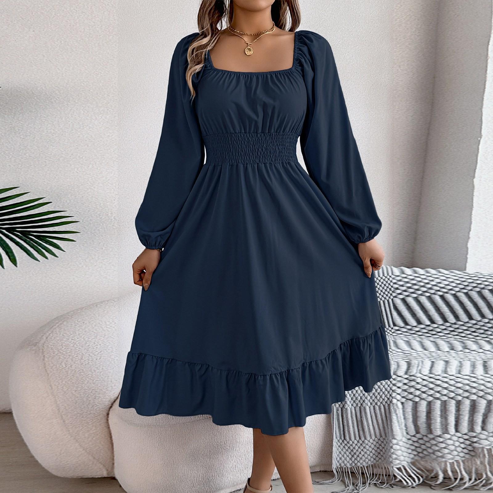 

Женская мода ретро однотонная юбка-трапеция с длинным рукавом и квадратным вырезом пуловер платье S тёмно-синий