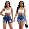 Summer Women's Plus Size High Waist Slimming Whisker Edge Stretchy Hole Denim Shorts