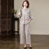 Elegant Summer Two-Piece Set for Middle-Aged Women: Imitation Silk Blouse and Top