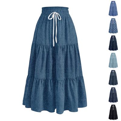 Jupe longue décontractée à volants pour femme, couleur unie, style rétro plissé